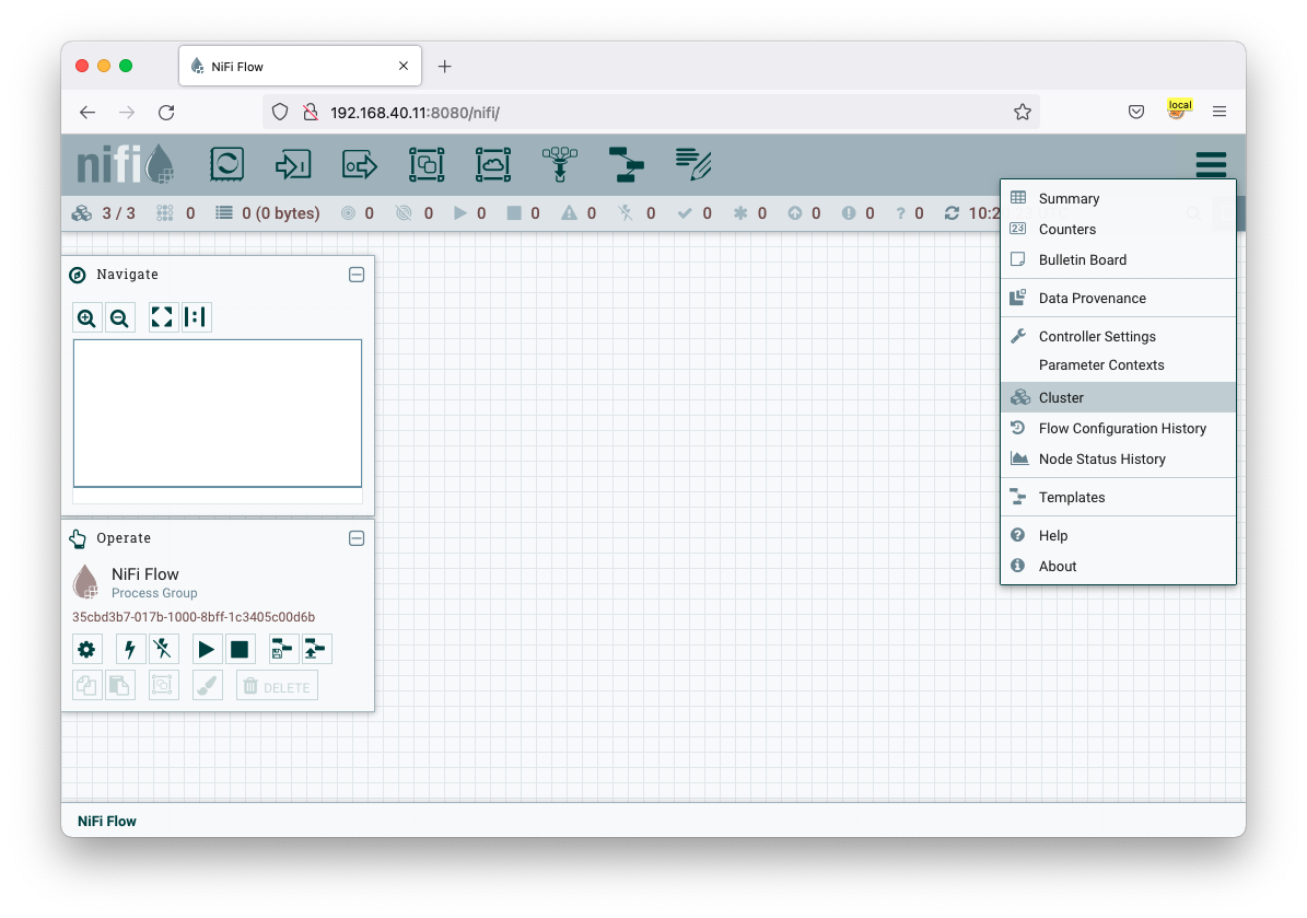 The Apache NiFi web interface canvas